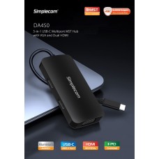 Simplecom DA450 5-in-1 USB-C Multiport Adapter MST Hub with VGA and Dual HDMI (Dual Display Extend or Mirror)